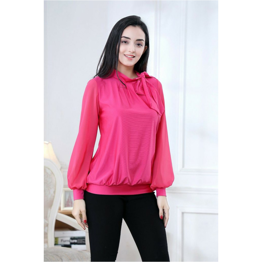 pink chiffon blouse with bow